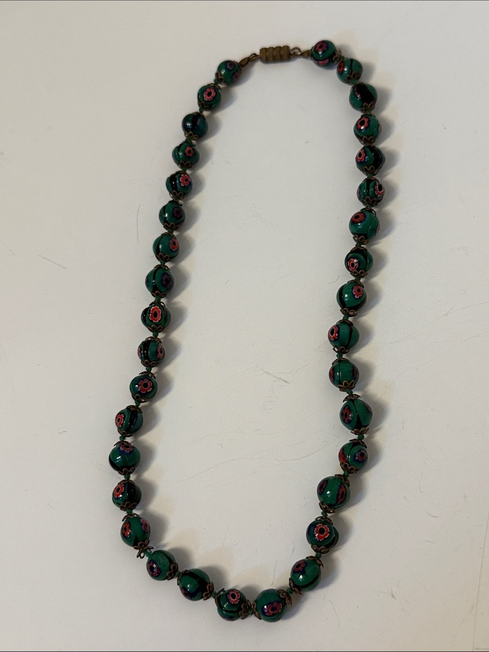 VINTAGE GREEN MURANO OR VENETIAN MILLEFIORI GLASS BEADS NECKLACE EYE FLORAL 17” - Picture 8 of 11